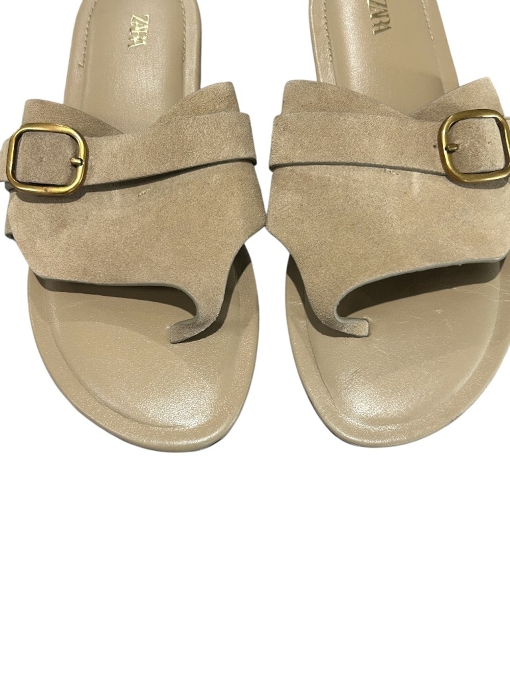 Zara Suede Leather Buckle Sandals In Camel Tan Slip On Size 37 - Picture 6 of 12